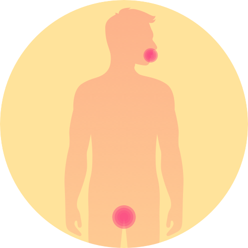 an orange silhouette of a man with a red spot on his mouth and genitals