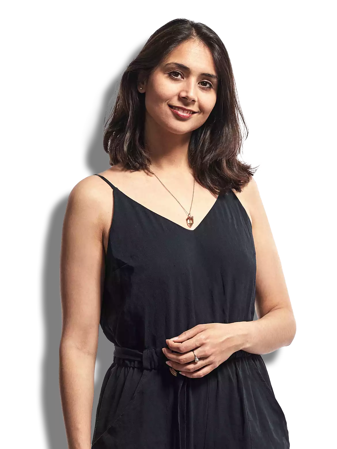 woman smiling in a black dress