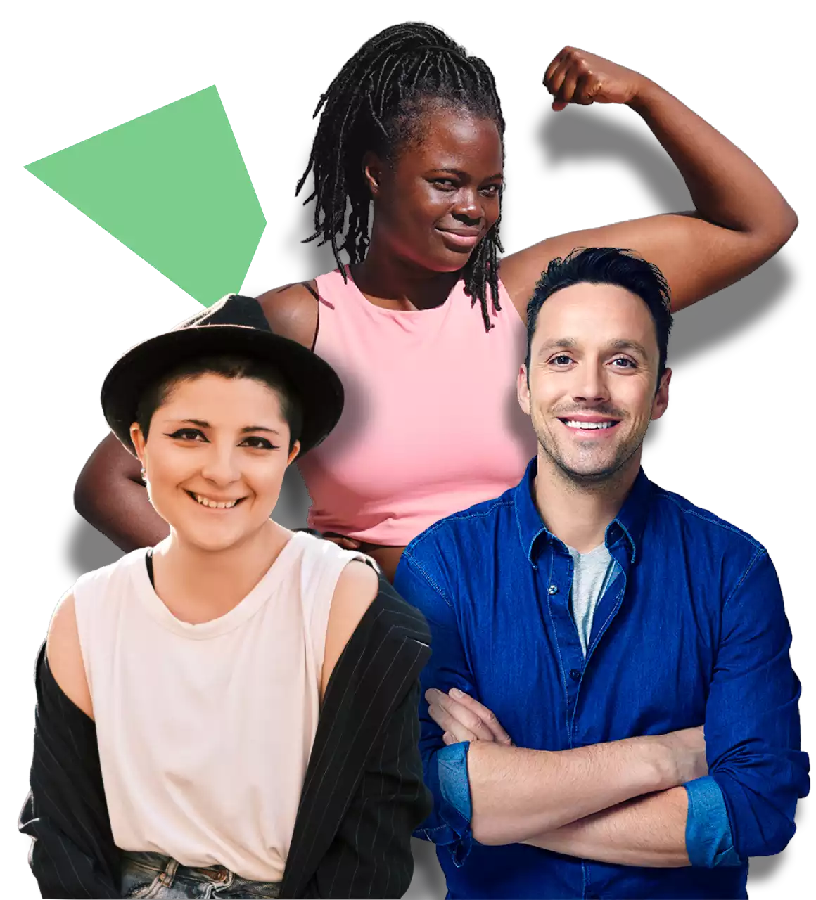 a woman and a man are smiling while another woman is flexing her left arm