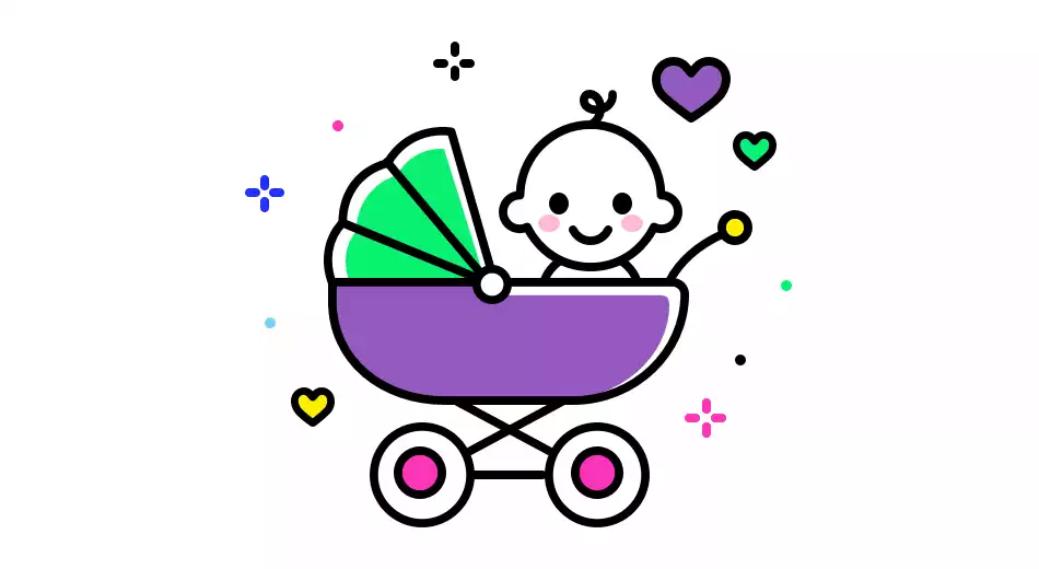 a baby smiling in a purple baby carriage
