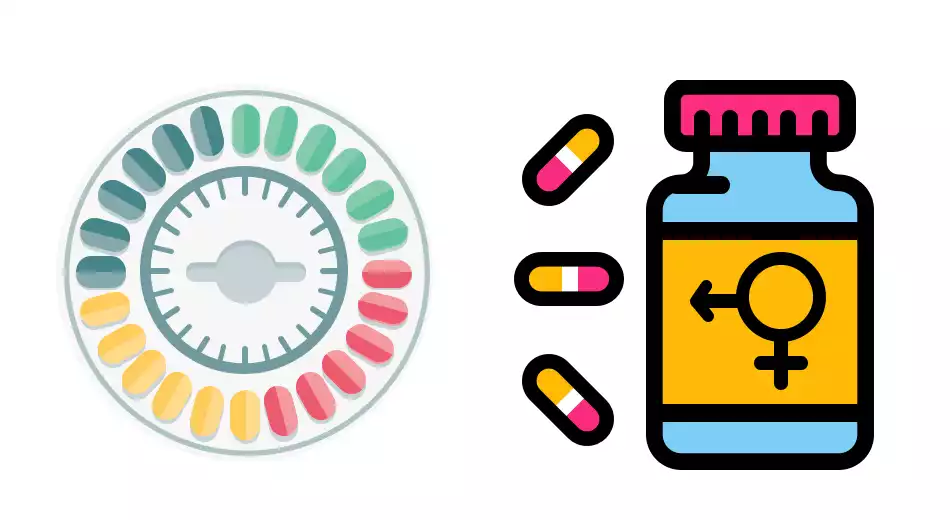 birth control packet illustration next to three pills and a pill bottle that has a circle symbol on it with an arrow and cross extending out from it