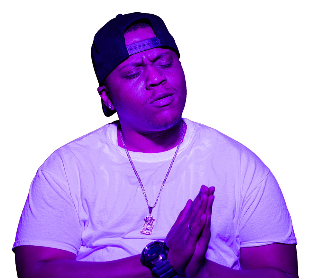 Man with prayer hands in purple tint