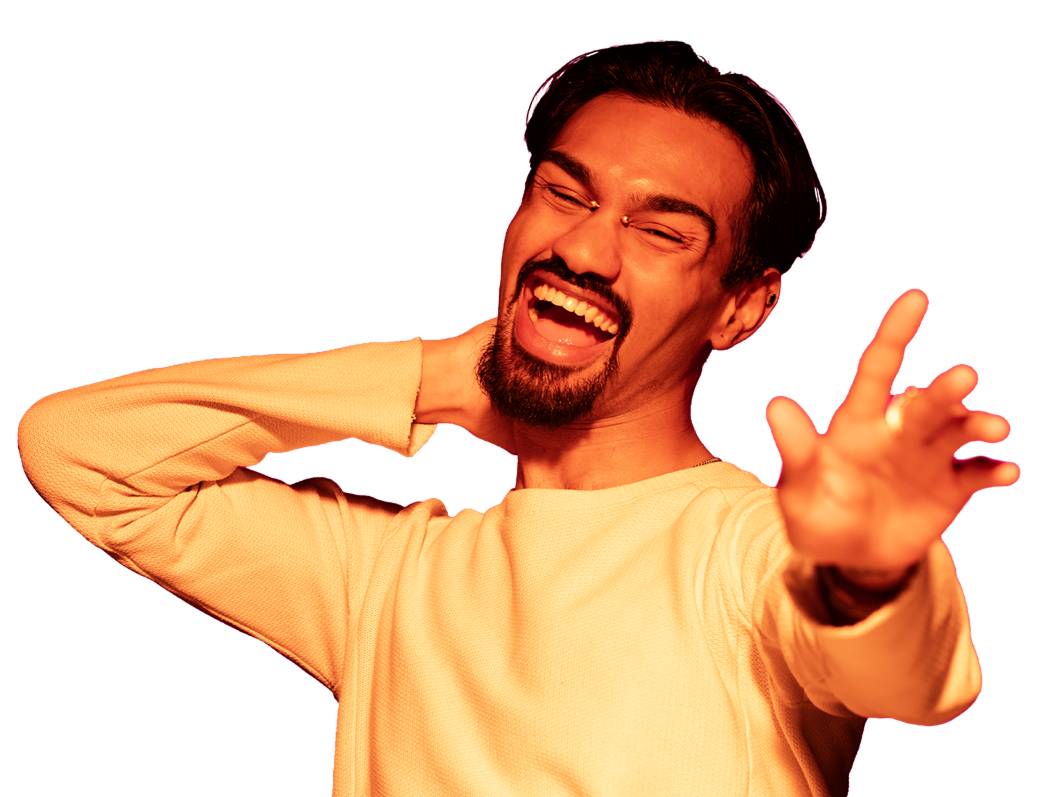 Man showing lots of expression with outreached hand in a yellow tint