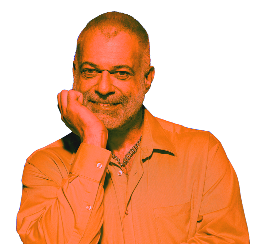 Smiling man with head resting on hand tinted orange