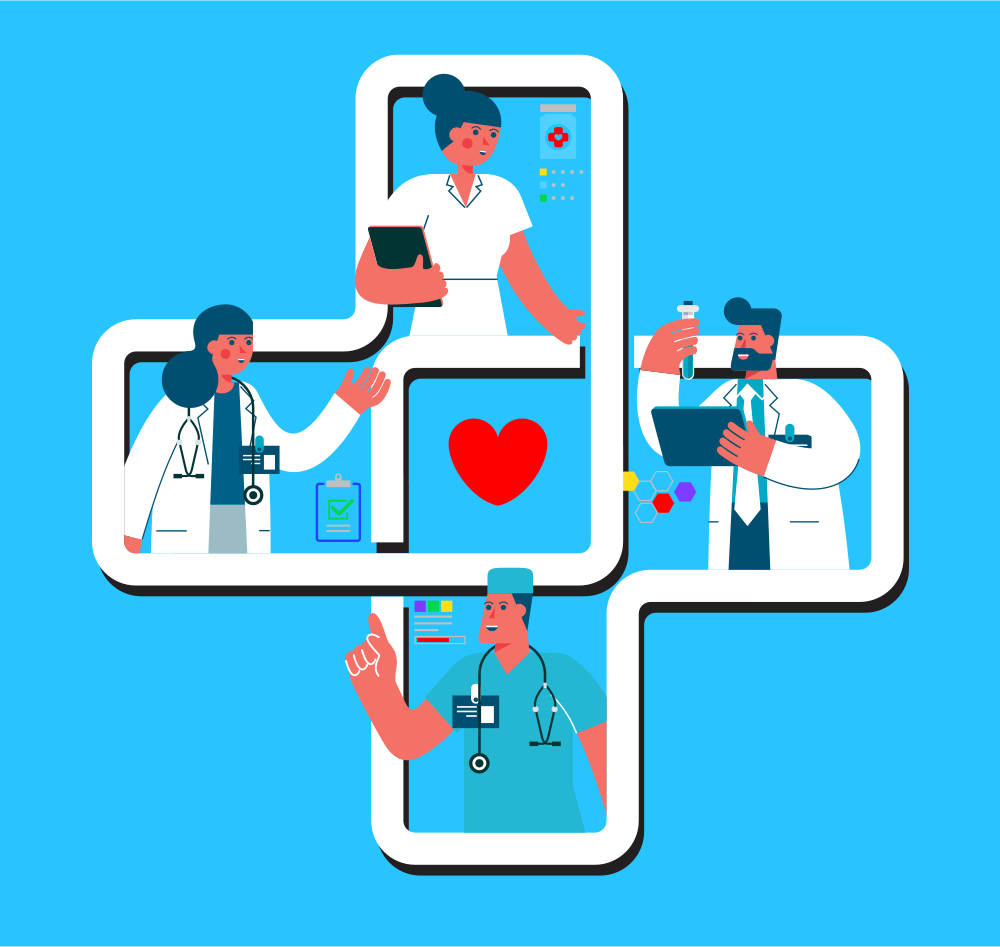 Icon of four doctors in a cross with blue background